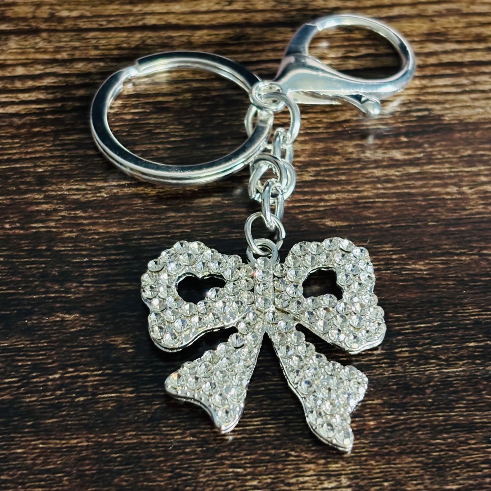 Silver Crystal Bow Keychain Lobster Clasp Bag Charm Sparkly Heart Detail